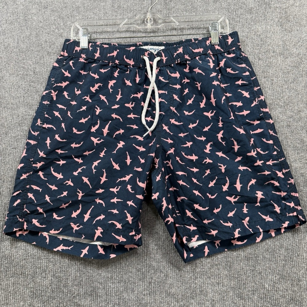 Maamgic Shark Print Swim Trunks Men's Medium Navy Pink Board Shorts